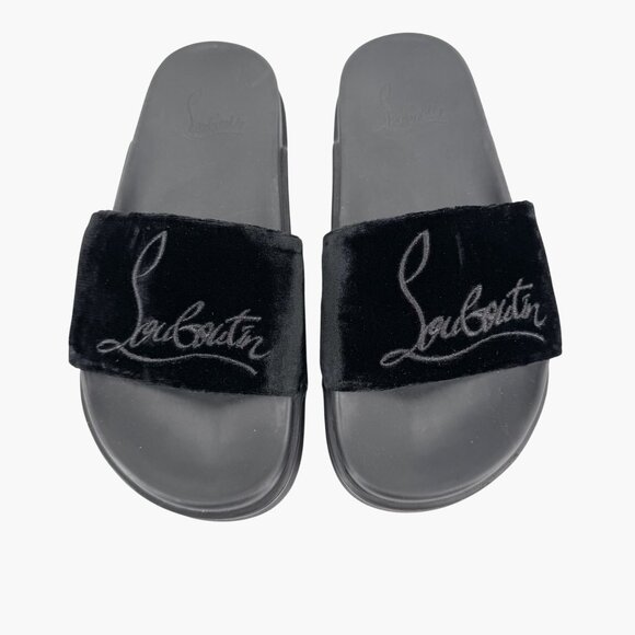 Christian Louboutin 'Navy Pool' Slide Sandals Size 37 US 7 Black Velvet Logo 35 - Picture 4 of 12